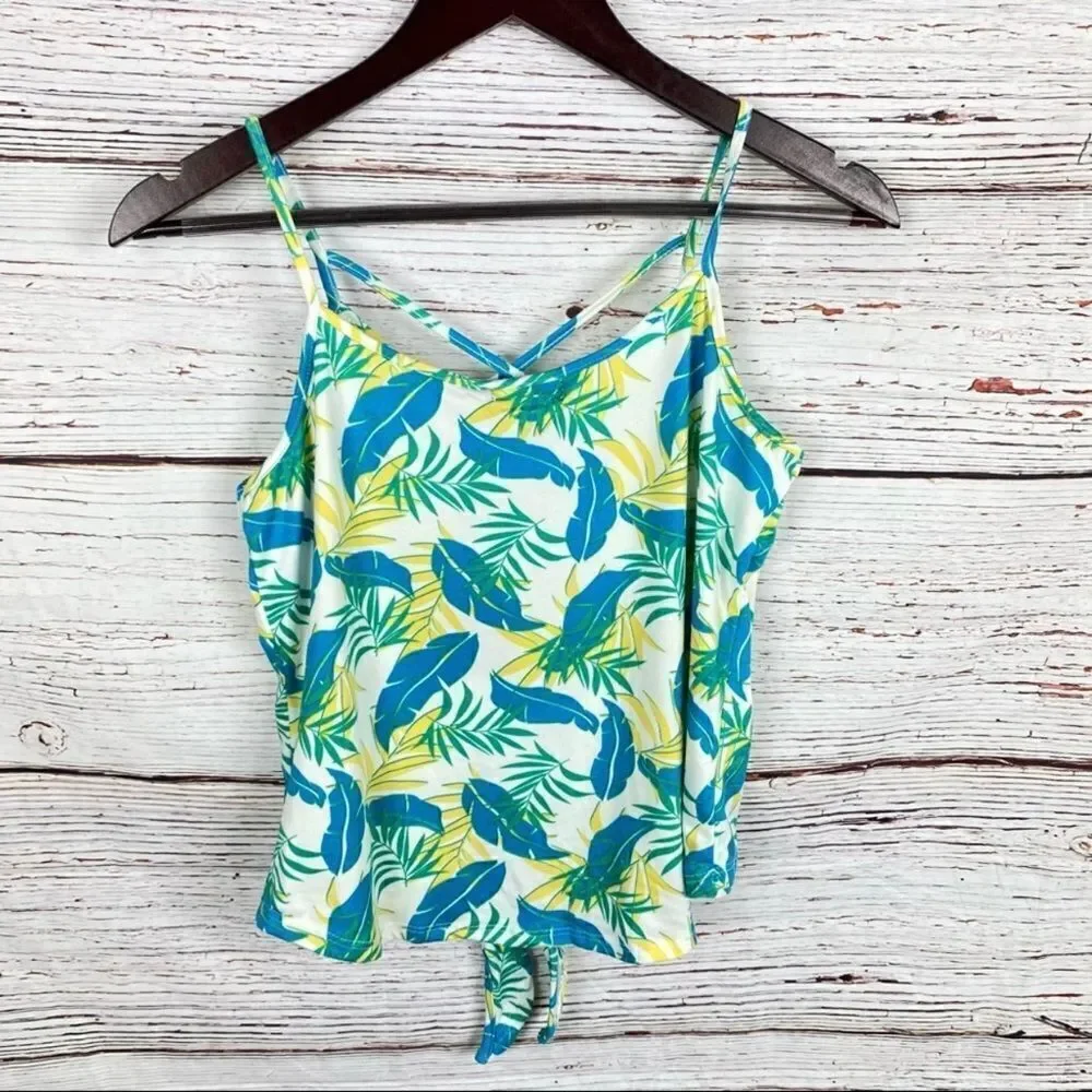 Poof Leafy Palm Print Tie‎ Front Strappy Neckline Tank Top Green Yellow Large